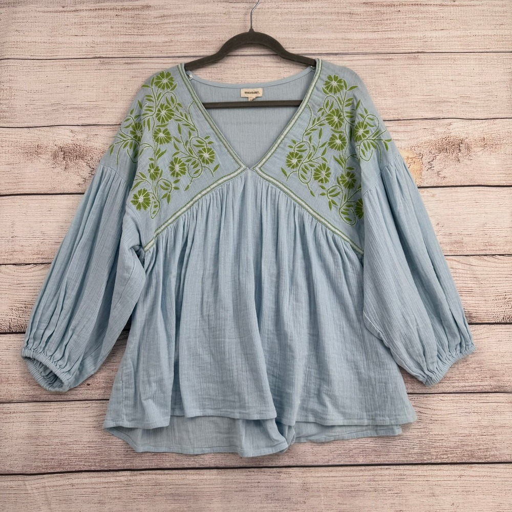 World Market Blouse Women S/M Blue Embroidered Cotton Gauze Boho Balloon Sleeve
